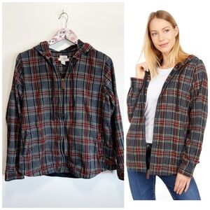 L.L. BEAN Scotch Plaid Flannel Shirt Relaxed Zip Hoodie Gray Red Women’s Medium